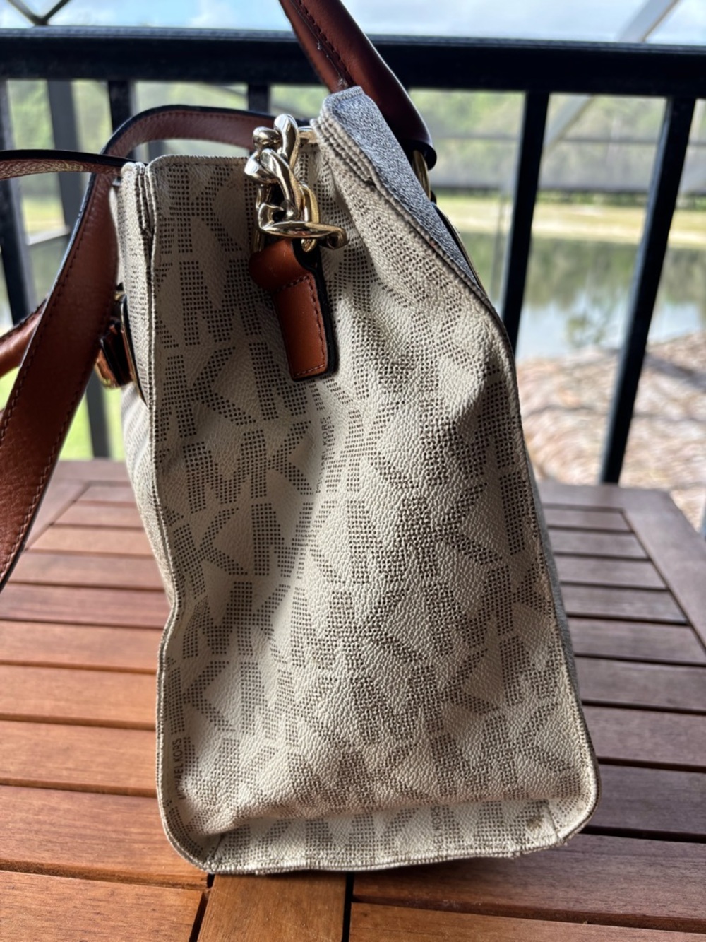 Michael Kors Beige Logo Tote with Brown Leather Handles - Picture 9 of 16